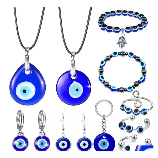 Anhänger Halsketten Evil Eye Halskette für Frauen Blau Charm Armband Schlüsselanhänger Griechisch Mati Hamsa Nazar Luxus Ring Brille Ohrringe Männer Je Dhycq