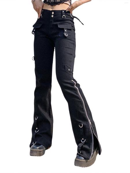 Pantaloni da donna Donna Y2K Jeans a vita bassa Fata Grunge Pantaloni in denim Punk Gotico Bootcut Fondo a campana Vintage Graphic Flare anni '90 E-Girl