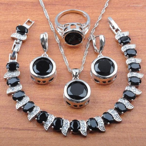 Серьги ожерелья устанавливают свадебные украшения для свадебных украшений серебряный цвет женский модный костюм натуральный черный кубический цирконий круглый