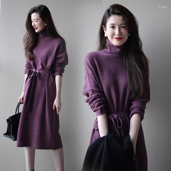 Vestidos casuais 2023 Autumn Women Women Turtleneck Dress Sweater Dress estilo coreano Jea