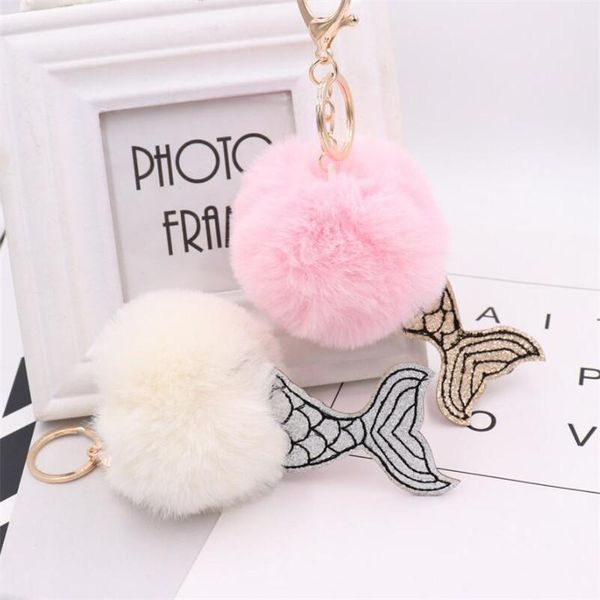 Keychains Lovely Fish Keychain Fur Pom Ball Bola Bag Pingente Pretty Handmade Chopyring Boutique Gift