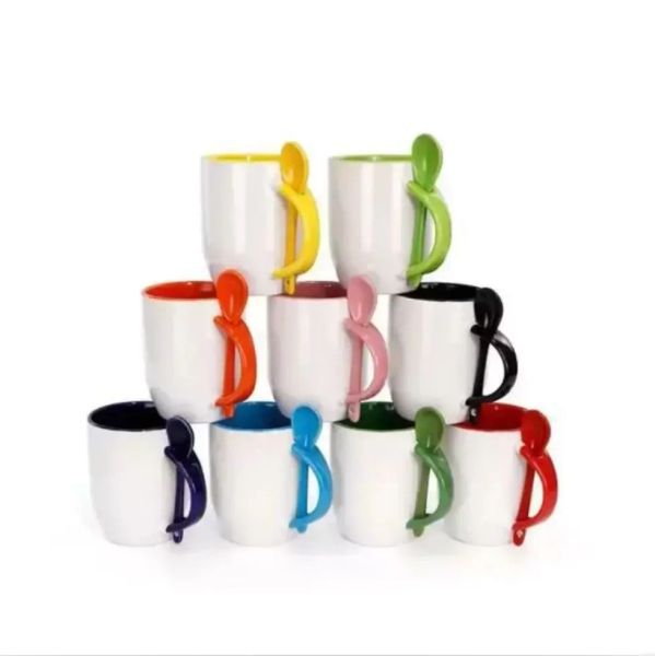 Сублимация 11 унций керамическая кружка пустые кофейные кружки с ложкой сублимация Diy Cuest Coaster Tea Chocolate Ceramic чашки