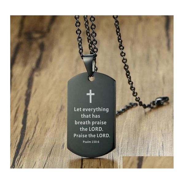 Anhänger Halsketten Bibelvers Halskette Kreuz Edelstahl Herren Hundemarke Religiöser Schmuck Schwarz für christliches Gebet Geschenk Drop Del Otqrs