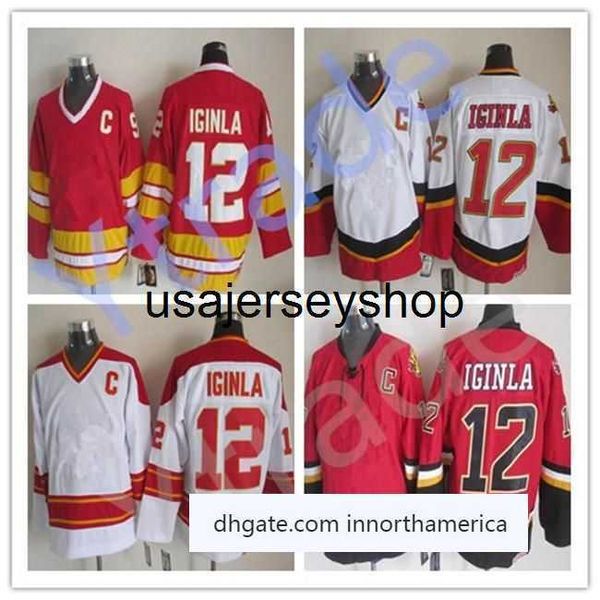 Hockey-Trikot Nr. 12 Jarome Iginla Vintage Ice C Patch Home Away Rot Weiß Retro CCM genäht s