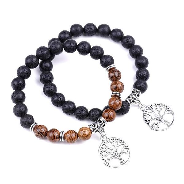 Perline 8mm Pietra lavica nera Perline di legno Filo Albero della vita Bracciale Fai da te Olio essenziale Diffusore Amico Coppie Bracciali per W Dhgarden Dhtob