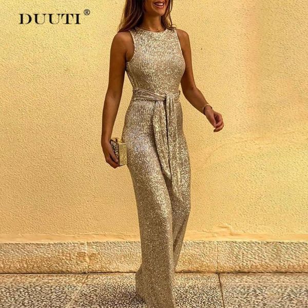 Damen-Overall-Spielanzug, elegant, rückenfrei, Pailletten-Overall, Damenmode, weites Bein, Party, Gold, sexy Gürtel, Playsuit für Damen, Club, D30