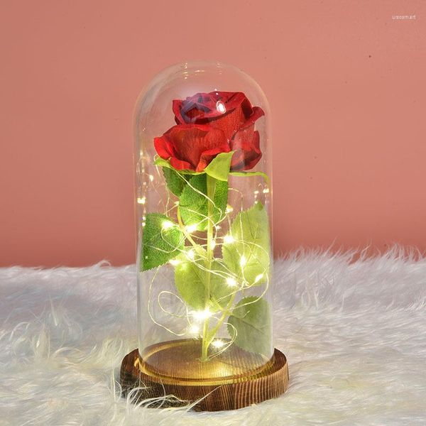 Dekoratif çiçekler ebedi gül cam yapay çiçek led ışık dekorasyon düğün sevgililer günü baba anne hediye kadın için kırmızı