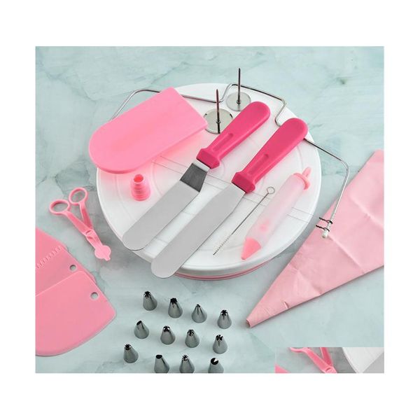 Pişirme Hamam Aletleri 73pcs/Set Pembe Kek Turntable Set MTifonction Dekorasyon Kiti Tüp Fondan Alet Partisi Mutfak Tatlı Damla Deli Dhofq