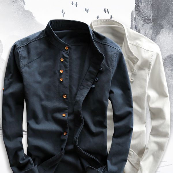 Мужские повседневные рубашки Мужская хлопковая льняная рубашка Формальная ретро-китайский стиль с длинным рукавом с воротником-стойкой Повседневные рубашки Мягкая удобная одежда Плюс Размер 7XL 230202