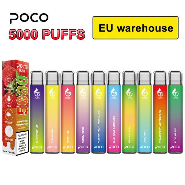 UE EUA Armazém Cigarro Eletrônico Original Mesh Coil 5000 puffs Poco Huge Descartável Vape Pen cartucho Recarregável 15ML 10 Sabores Dispositivo Vapor pen Vaporizador