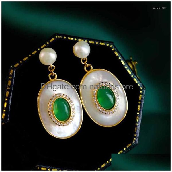 Ciondola orecchini lampadario stile intarsiato lapislazi artificiale fritillary per le donne smeraldo vintage perla matrimonio argento gioielli goccia Dhg1Y