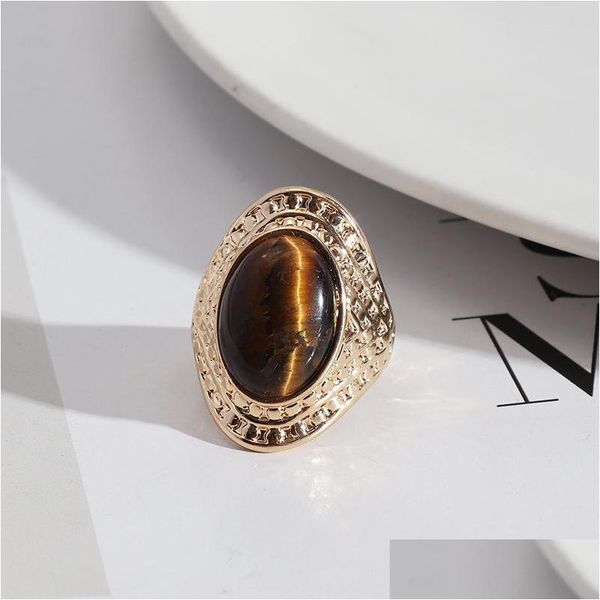 Solitärring Retro Gold Oval Tigerauge Stein Ringe Mode Innendurchmesser 1,7 cm Farbband Schmuck Für Frauen Männer Drop Lieferung Dhgarden Dhdzy