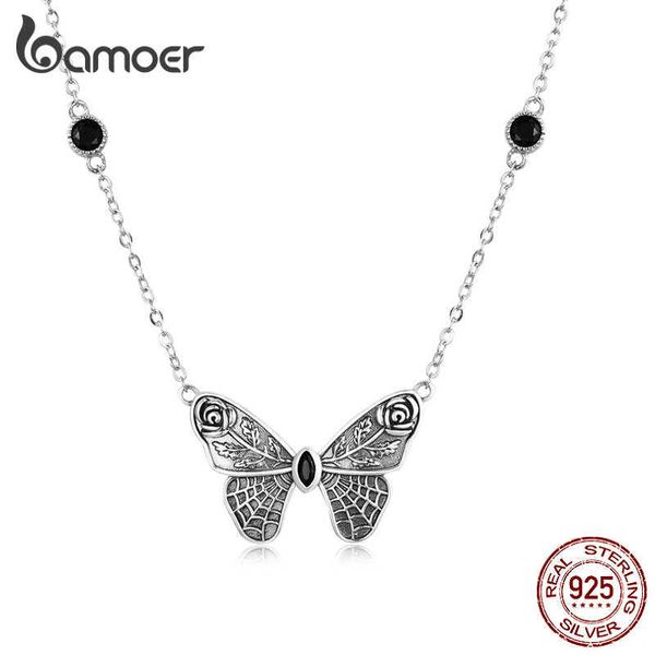 Colares de pingentes Bamoer Silver Vintage Dark Gem Big Butterfly Colar para mulheres 925 Sterling Silver Jewelry Ball Party Halloween Gifker G230202