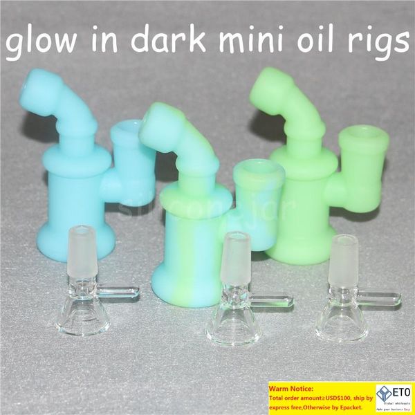 Glow in dark Bong in silicone Tubi per acqua Rigs per olio in silicone mini gorgogliatore bong Narghilè Ciotola di vetro gratuita Collettore di nettare Strumenti dabber