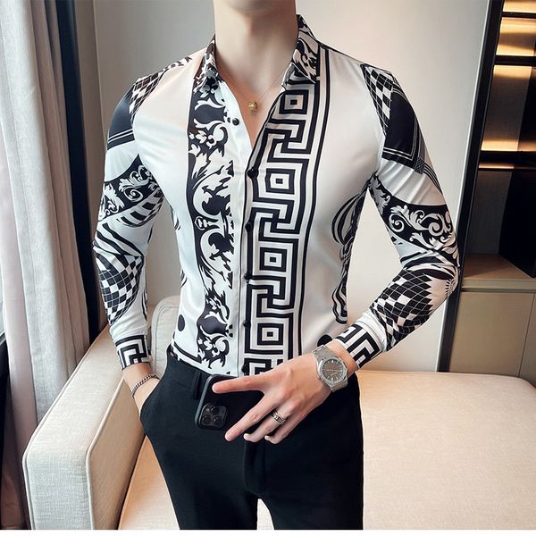 Camicia da uomo in stile britannico occidentale 2022 Autunno Inverno Nuovo temperamento Moda Stampa di marca Abbigliamento Design Pattern Slim Gentleman Camicie casual da uomo M-6XL