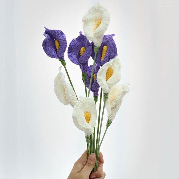 Flores decorativas Conjunto de 5 fios de algodão tricô artificial crochê Calla Lily Lily Eternal Flor Valentine Day's Birthday Gift