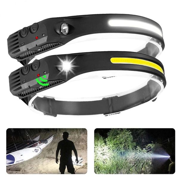 Lanterna de acampamento LED sensor de faróis Camping Searchlight Head lanterna recarregável poderosa lâmpada de mineração de cabeça USB