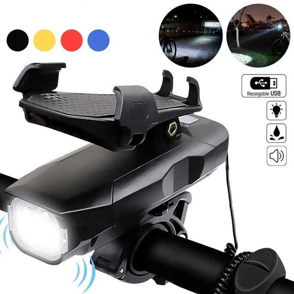 S 4 in 1 Bicicletta LED Luce anteriore Supporto per telefono Staffa per bici Clacson Accumulatori e caricabatterie di riserva Faro USB Ricaricabile MTB Lampada frontale 0202