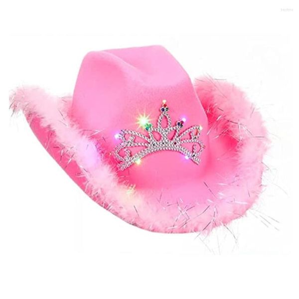 Berretti Pink Girl Western Cowboy Caps Fashion Party Deformato a tesa larga Fluff con cappello di paillettes Bordo di piume Cappello fedora Copricapo