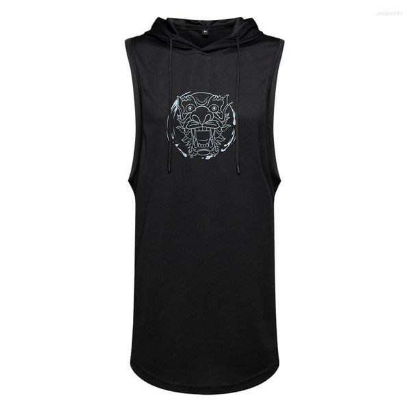 Herren-Tanktops FMZXG Ärmellose Sportweste Mittellanges Kapuzen-T-Shirt Modetrend Chinesischer Stil Löwentanz-Druck Männer