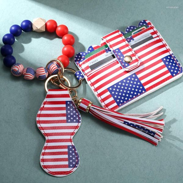 Portachiavi bandiera americana modello nappa portachiavi in pelle PU borsa per carte per donna perline braccialetto portachiavi regalo gioielli