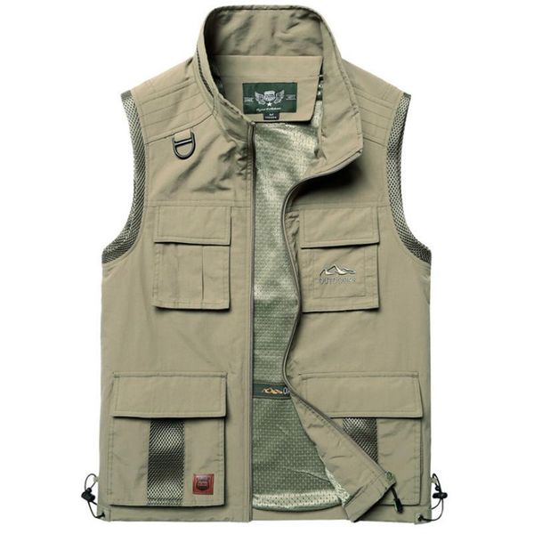 Gilet da uomo Gilet multitasche Sciolto Pographer Reporter Casual Giacca da uomo senza maniche Khaki Gilet sottile 5XL