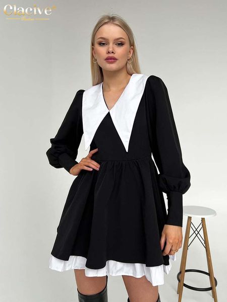 Vestidos casuais clacive Fashion Dollar Collar Black for Women Lantern Sleeve Office Mini senhoras elegantes retalhos 230202