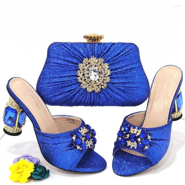 Vestido sapatos azuis 9cm de altura mulheres combinam bolsa com decoração de cristal bombas de molho africano e conjunto de bolsas CR139-1
