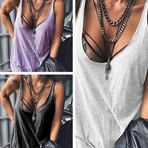 Kadın Tankları Camis Kadın Seksi Kolsuz Tank Top Düşük Kesik Boyun Sıralı Renk Gevşek Plaj Cami Vest Mayo Kapla Sokak Giyim Y2302