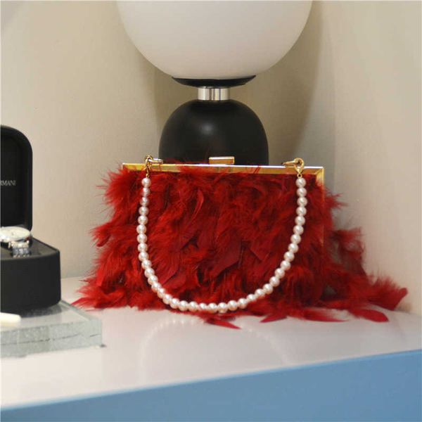 Borsa a mano di lusso in piuma di tacchino Pochette da sera da donna con tracolla a catena di perle Borsa da festa di design da donna 230202