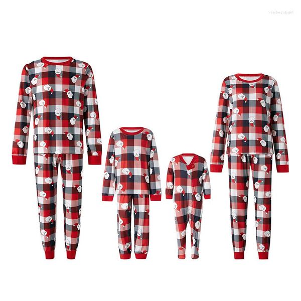 Damen Zweiteilige Hosen Familie Eltern-Kind-Nachtwäsche Anzug/Strampler Weihnachten Langarm Plaid Cartoon Santa Tops Hosen/Baby Strampler