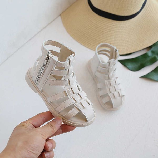 Mädchen bedeckt Zehen Sandalen Sommer neue koreanische süße Prinzessin weiche Seite Reißverschluss schwarz Kinder Mode flache rutschfeste Rom Schuhe für Strand