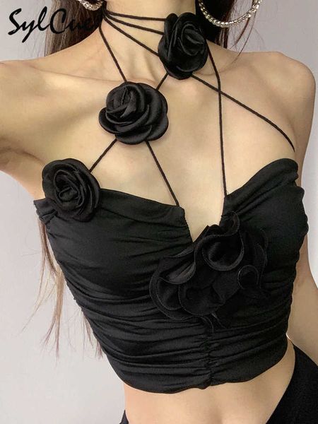 Canottiere da donna Camis Sylcue Black Rose Mysterious Sexy Elastic Glamorous Hot Tight Femminilità matura Glamour Party Women's Wrap Chest Crop Top Y2302