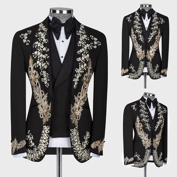 Tuxedos de casamento de homens alfaiate feito 3 peças Apliques Crystal Beading Pants Meave