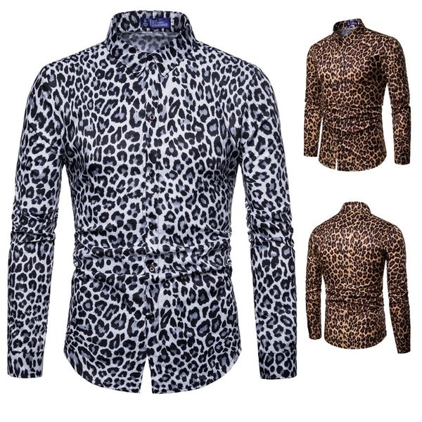 Мужские повседневные рубашки Мужские сексуальные рубашки с леопардовым принтом Модные мужские рубашки для ночного клуба и выпускного вечера Тонкие гавайские рубашки с длинным рукавом 230202