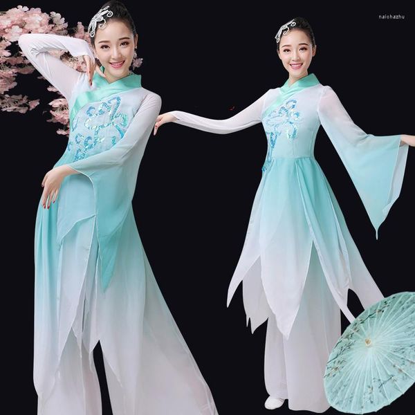 Bühnenkleidung, klassische Tanzkostüme für Aufführungen, weibliche Erwachsene, elegante chinesische Fan-Kleidung, Damen-Regenschirm-Outfit, 90