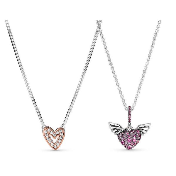 Colares de pendentes Novo Pan de prata esterlina de alta qualidade Sparkling Free Hand Cardar Heart Heart Angel Wings Fit Women Party Gifts G230202