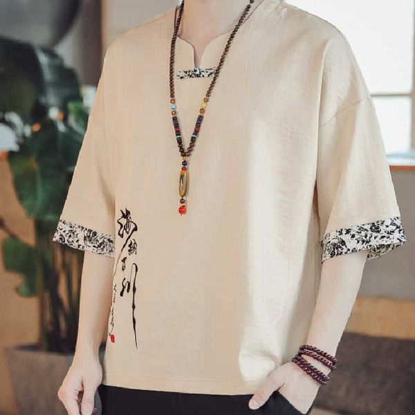 T-shirt da uomo Estate Stile cinese Retro Ricamo Stampa T-shirt Top Tang Suit Zen Tea Camicia di lino Kimono Cover Abbigliamento asiatico Y2302