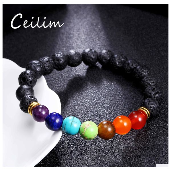 Fili di perline Moda Yoga Perline Bracciale 7 colori Charms in lega di oro antico Bracciali di lava per donna Uomo Gioielli in pietra naturale Gi Otoqb