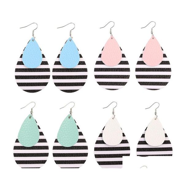 Charm Fashion Women Mtilayer Pendientes de lágrima de cuero PU Rayas blancas y negras Cuelga Pendiente para niña Diseño Joyería Gota Entregar Otyqj