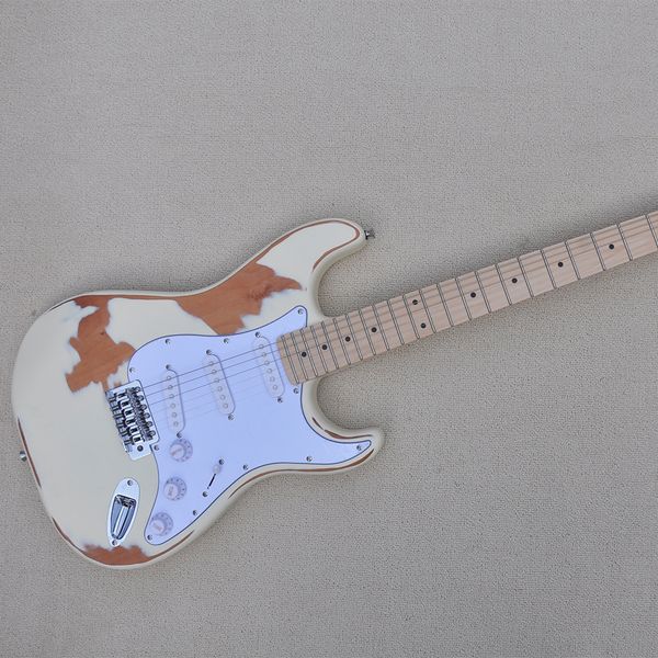 6 Strings Cream Relic Guitar Guitar com Pickguard White Pickups SSS Maple Maple Artlebox personalizável