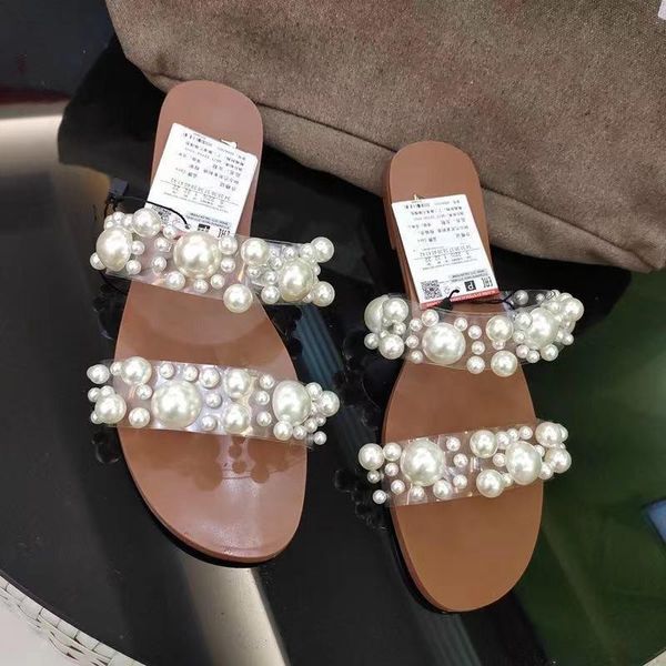 Pantofole Bocca di pesce con bordo di perle Sandali trasparenti Sandali estivi di grandi dimensioni Sandalias De Verano Para Mujer Scarpe Pantofole