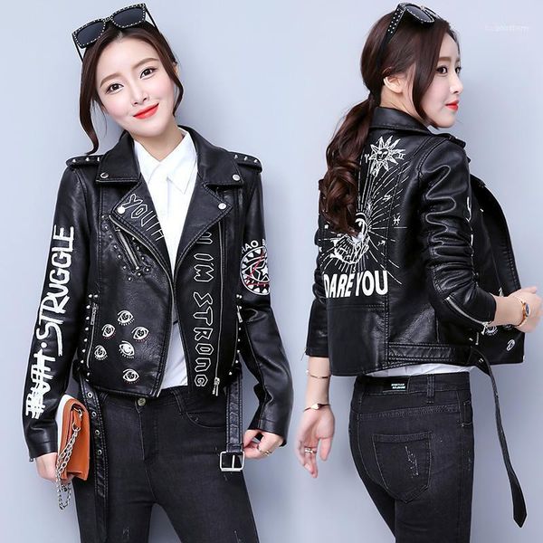 Damenjacken Frauen gedruckte Buchstaben Niet Pu Lederjacke Punk Moto Mantel Schwarz Faux Fashion Reißverschluss Streetwear1