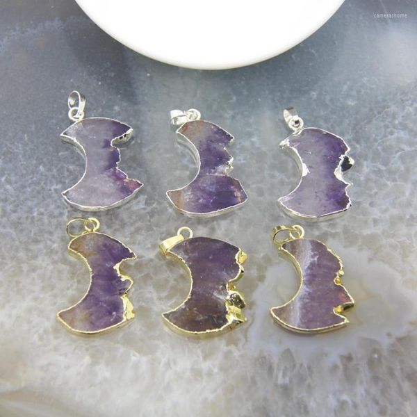 Colares pendentes forma de lua ametista fatia pingente pingente de quartzo roxo natural cura laje geode goma drusy jóia presente para jóias para