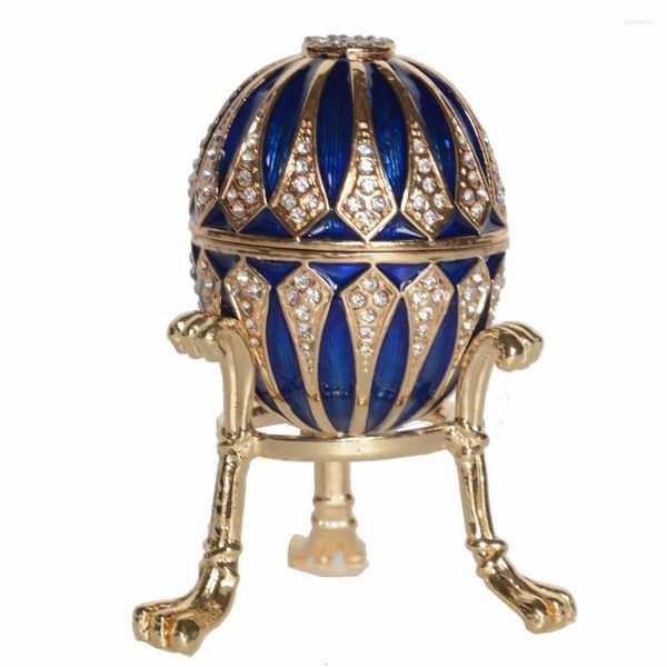 Takı Torbaları Mücevherli Blue Faberge İmparatorluk Yumurta Biblo Kutusu Metal Zanaat Masa Masa Vintage Dekor