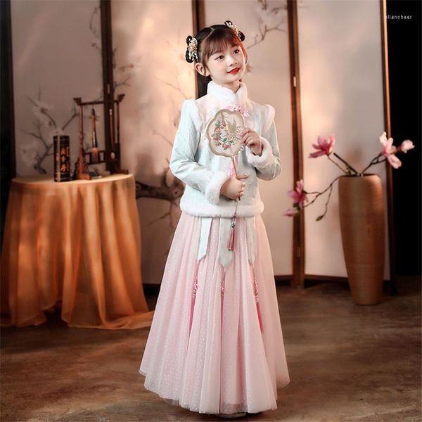 Сценическая одежда 2023 Детская девочка Ханфу Зимний китайский стиль Tang Suit Cheongsam Год