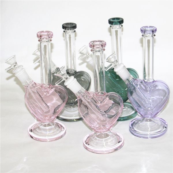 Bong d'acqua in vetro a forma di cuore da 9 pollici per narghilè all'ingrosso di colore rosa dab oil rigs gorgogliatore con ciotola da 14 mm raccoglitore di cenere maschile