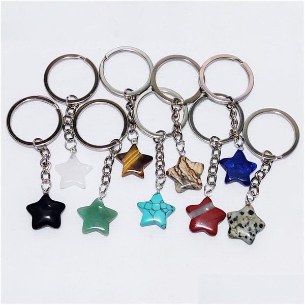 Keychains colhendo formato de estrela reiki cura de pedra natural chakra rosa verde preto ￡gata an￩is keyrings homens homens j￳ias dhgarden dhl0d