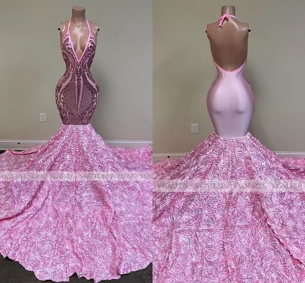 Güzel pembe flora 3d çiçek balo elbiseleri seksi spagetti yular boyun açık dantel aplikler gece önlükleri özel yapılmış bc15100