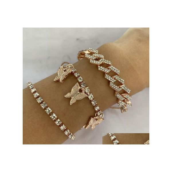 Tennis Ice Out Cuban Link Chain Armband Gold Ring Statement Halsklearscheibe Kristall Schmetterling f￼r Frauen M￤nner Schmuck Set Drop del dh8rh